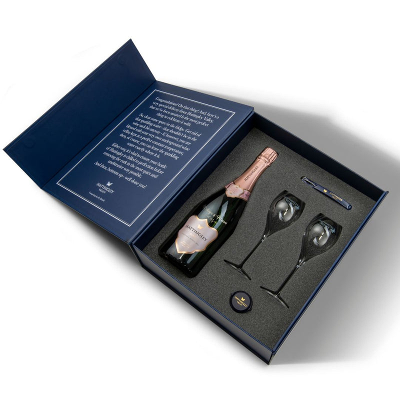 Hattingley Valley Luxury Gift Set with a bottle, two glasses and a stopper 
