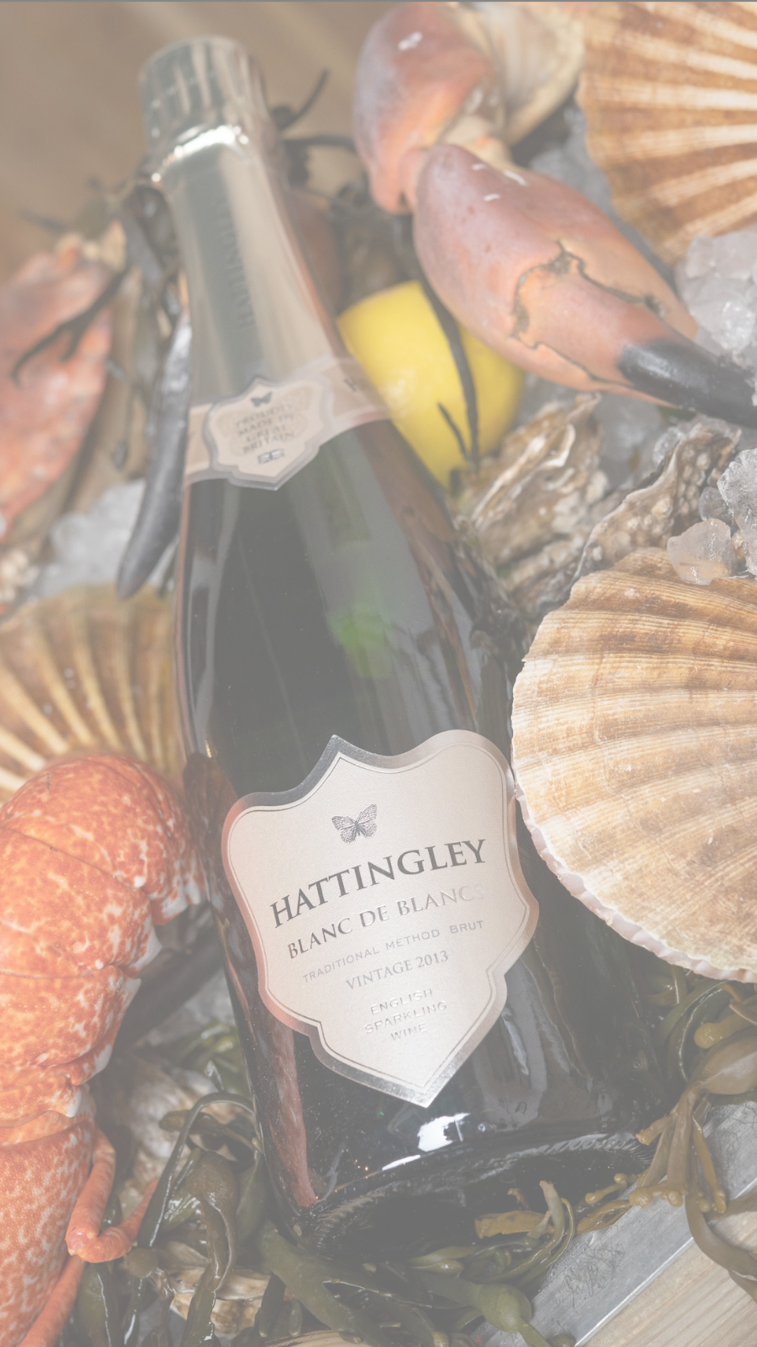 Lymington Food Festival, 12th - 14th July, Image of Hattingley valley blanc de blancs english sparkling, surrounded by seafood and shells