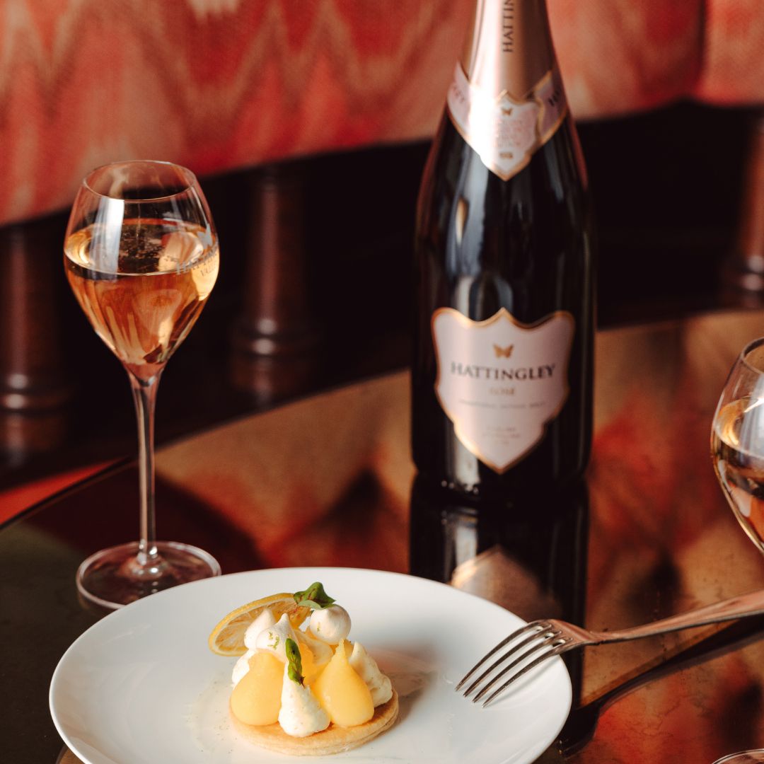 Hattingley Valley Sparkling Rosé with luxe hotel background and food pairing, home house London