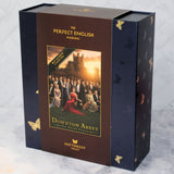Downton Abbey Luxury Gift Set Box with Sleeve sitting on a marble counter top, English Sparkling wine box Limited edition