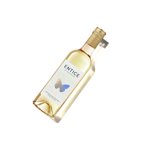 Bottle of Hattingley valley Entice dessert wine on a white background with a butterfly label in silver