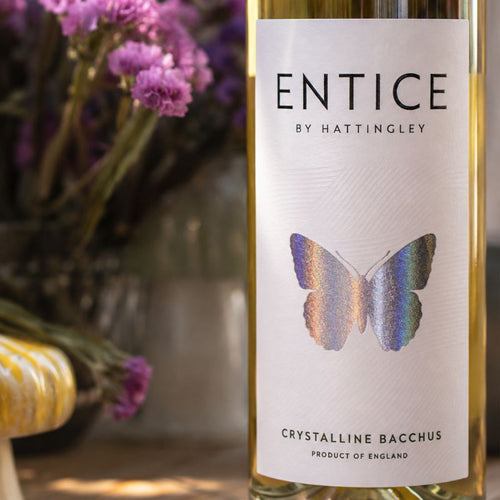 A close-up of a wine bottle labeled 'ENTICE BY HATTINGLEY' with a white label featuring an iridescent butterfly graphic. The bottle is set against a softly blurred background with purple flowers and warm lighting.