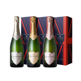 trio of English Sparkling Wines Hattingley Valley Classic Reserve, Blanc de blancs and English Sparkling Rosé beside three union jack gift boxes on a white background