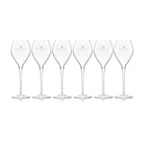 Hattingley Valley row of six Tulip Flutes (Glasses Empty), glasses are branded with the Hattingley Valley logo and butterfly. Fine glassware for drinking at home or giving as the perfect wine gift.
