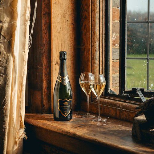 Bottle of Hattingley Kings Cuvée English Sparkling and two glasses on a wooden ledge with a rustic window background and a lead window opened
