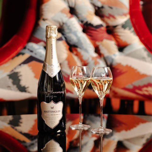 Personalised Blanc de Blancs bottle, lifestyle image luxurious hotel background, etched bottle, Happy Anniversary gift, last minute gift ideas, personalised bottle, wine lovers gift