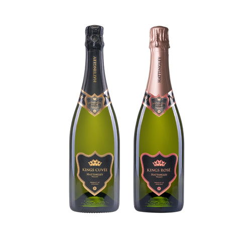 Prestige Pair Bottle Shot product shot of the Kings Cuvée and Kings Rosé wines prestige collection paired in a Christmas bundle, gift set on a white background