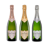 Bottle shot of Hattingley Valley Classic Reserve, Sparkling Rosé and Blanc de Blancs Bottles on a white background, christmas bundle