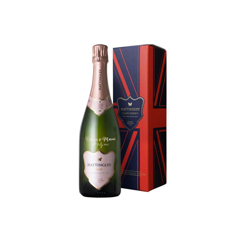 Hattingley Valley English Rosé bottle personalisation, personalised bottle, bottle with gift box, pink gift box, etched bottle, etched glass, gift box, gift personalisation