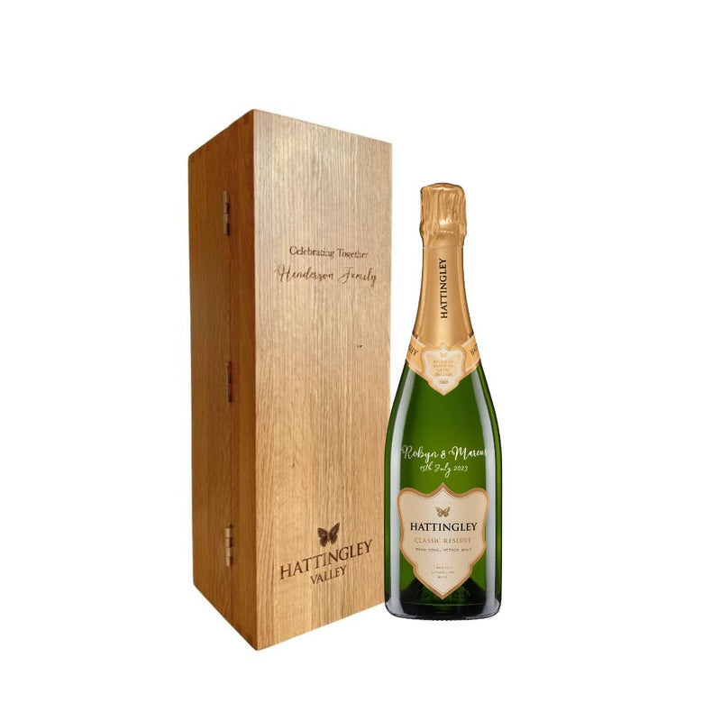 Web image of a bottle of Hattingley Valley Classic Reserve with an engraved oak wine box