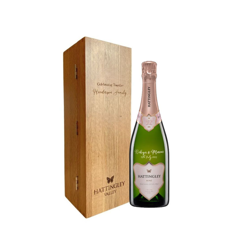 Web image of a bottle of Hattingley Valley Sparkling Rosé with an engraved oak wine box