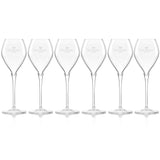 Hattingley Valley row of six Tulip Flutes (Glasses Empty), glasses are branded with the Hattingley Valley logo and butterfly. Fine glassware for drinking at home or giving as the perfect wine gift.