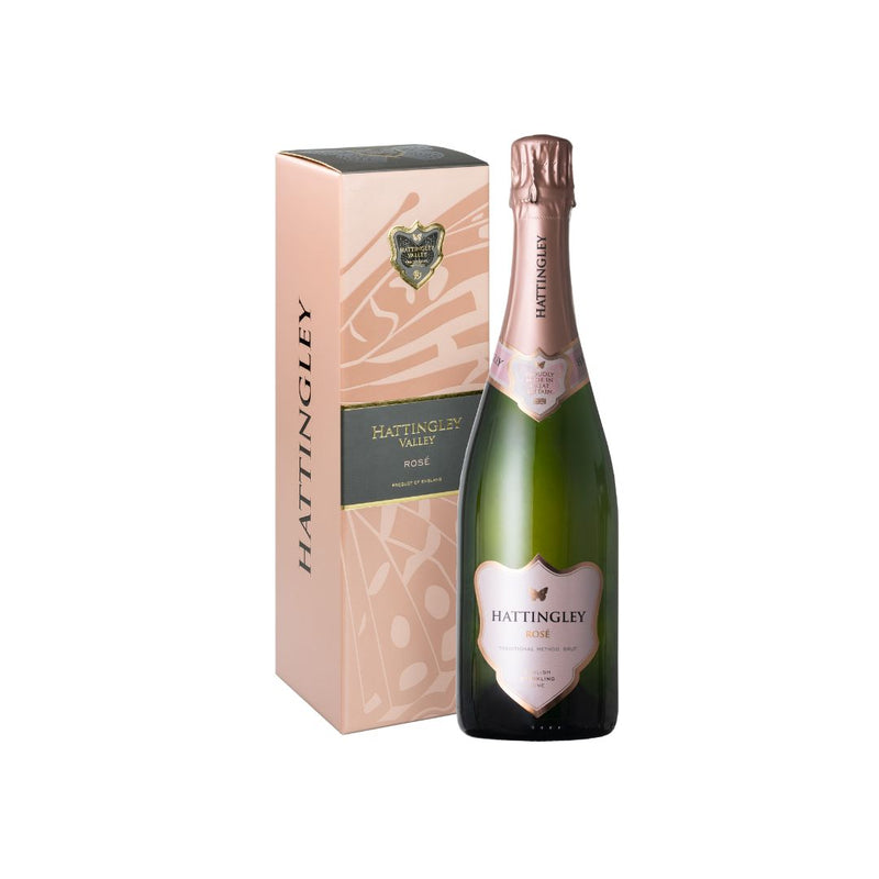 Hattingley Valley Sparkling Rosé, premium English sparkling wine. Rosé bottle image next to the Rosé gift box,