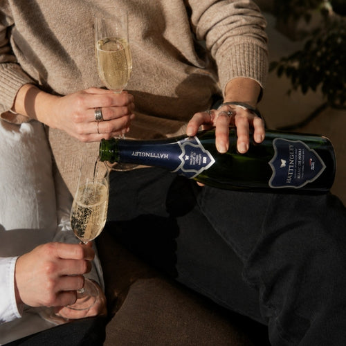 A lady in a beige jumper pours a bottle of British Airways Blanc de Noirs English Sparkling Wine from producer Hattingley Valley. Another hand holds out their glass flute to be poured. 