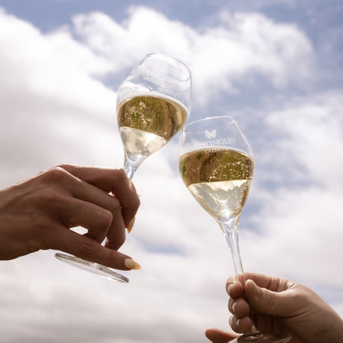 Two people clinking champagne glasses of English Sparkling Wine against a cloudy sky