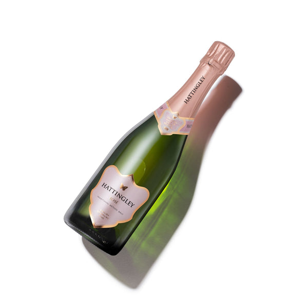 Hattingley Valley Rosé 2019, premium English sparkling wine, bottle shot diagonal