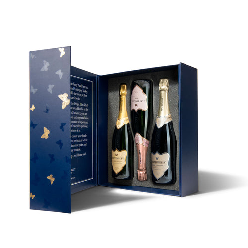 Mixed Luxury Gift Set, Classic Reserve, Rosé and Blanc de Blancs in a Trio Gift Box on a white background. Hattingley Valley English Sparkling wine.