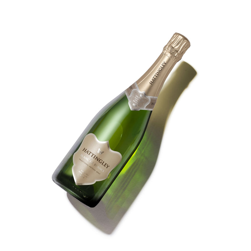 Hattingley Valley Blanc de Blanc 2014, premium English sparkling wine, bottle shot diagonal