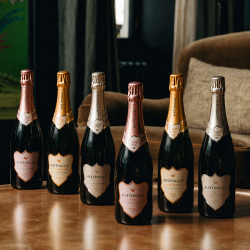 Six bottles of Hattingley sparkling wine on a wooden surface with a blurred background.