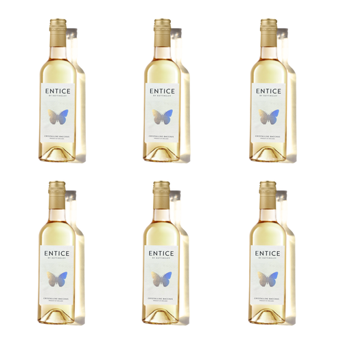 Six bottles of Entice white wine arranged in two rows on a white background