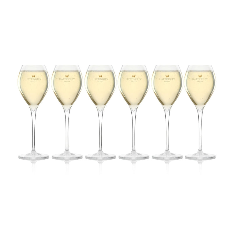 Hattingley Valley Tulip Flutes (Glasses Full), glasses are branded with the Hattingley Valley logo and butterfly. Fine glassware for drinking at home or giving as the perfect wine gift.