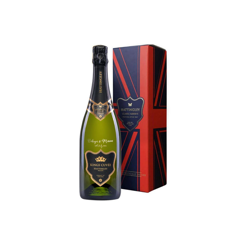 Image of Hattingley Valley Kings Cuvée with a union jack wine gift box and a personalised bottle of wine 
