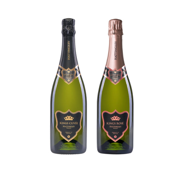 Prestige Pair Bottle Shot product shot of the Kings Cuvée and Kings Rosé wines prestige collection paired in a Christmas bundle, gift set on a white background