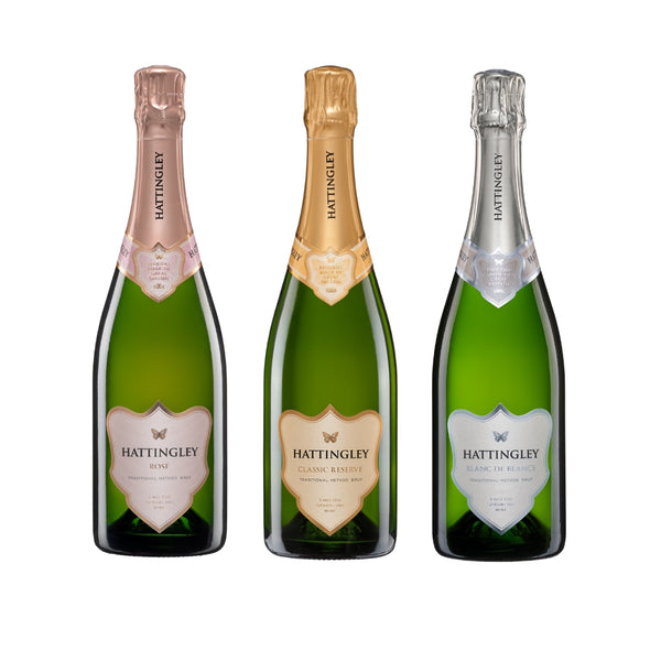 Bottle shot of Hattingley Valley Classic Reserve, Sparkling Rosé and Blanc de Blancs Bottles on a white background, christmas bundle
