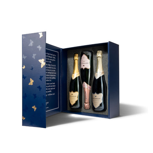 Sparkling Classics Luxury Gift Set Product shot. Image of the blue box luxury gift set, christmas gif, with three bottles packaged inside. Hattingley Valley Classic Reserve, English Sparkling Rosé and Blanc de Blancs. Christmas gift box on a white background.