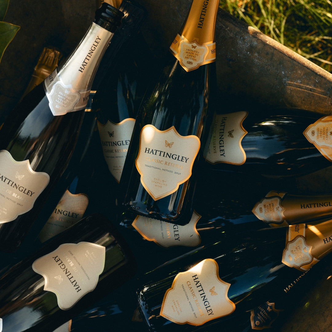 Multiple bottles of Hattingley Valley English sparkling wine stacked together in a wheelbarrow close up with a focus on the labels. Dappled sunshine shines on to the labels.