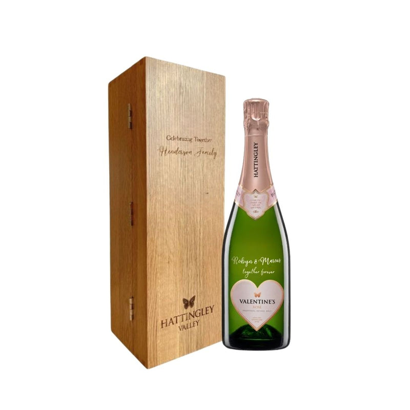 Engraved bottle of Hattingley ValleyEnglish Rosé limited edition valentines day bottle of wine, best wine to drink on Valentines day, engraved oak box, personalised gifts 