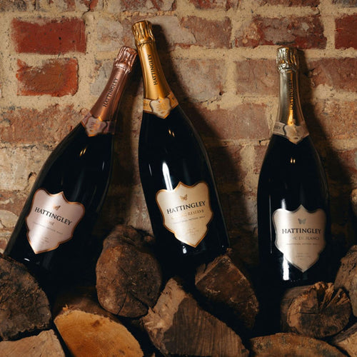 The Hattingley Valley Magnum Range, Rosé Magnum, Classic Reserve NV Magnum and Blanc de Blancs Magnum, pictured resting on blocks of firewood stacked against the wall at angles with a red brick wall background. The Hattingley Valley Core Magnum Trio.