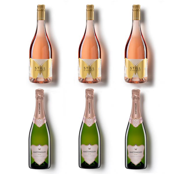 Hattingley Valley Bottle shots of our Tickled Pink, mixed English Rosé case. Bottle images: 3 bottles of Still Rosé and 3 bottles of Sparkling Rosé on a white background.