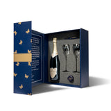 Hattingley Valley luxury gift set, box contents open, containing one bottle of Hattingley Valley English Sparkling Blanc de Blancs, two tulip glass flutes, a Hattingley bottle stopper and waiters friend.