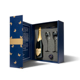 Hattingley Valley luxury gift set, box contents open, containing one bottle of Hattingley Valley Classic Reserve English Sparkling Wine, two tulip glass flutes, a Hattingley bottle stopper and waiters friend.