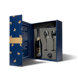 Hattingley Valley luxury gift set, box contents open, containing one bottle of Hattingley Valley English Sparkling Kings Cuvée, two tulip glass flutes, a Hattingley bottle stopper and waiters friend.