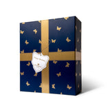 Hattingley Valley Luxury Birthday Gift Set, Navy gift box with gold faux ribbon and Happy Birthday tag. Covered with embossed gold butterflies. Premium English Sparkling wine box.