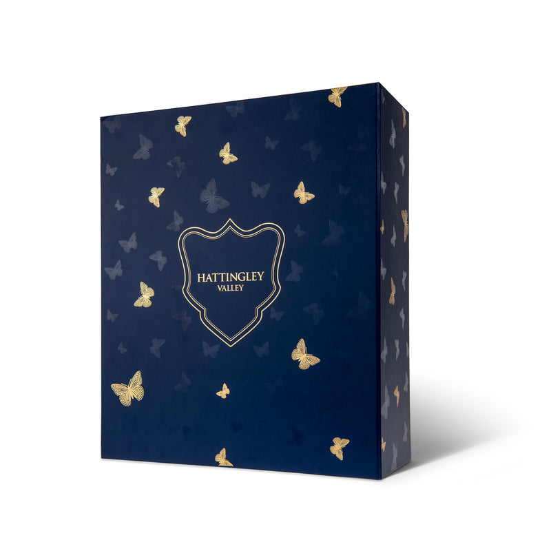 Hattingley Valley Gift Set, navy box with Hattingley Valley logo and gold embossed butterflies on the box. Premium wine gift.