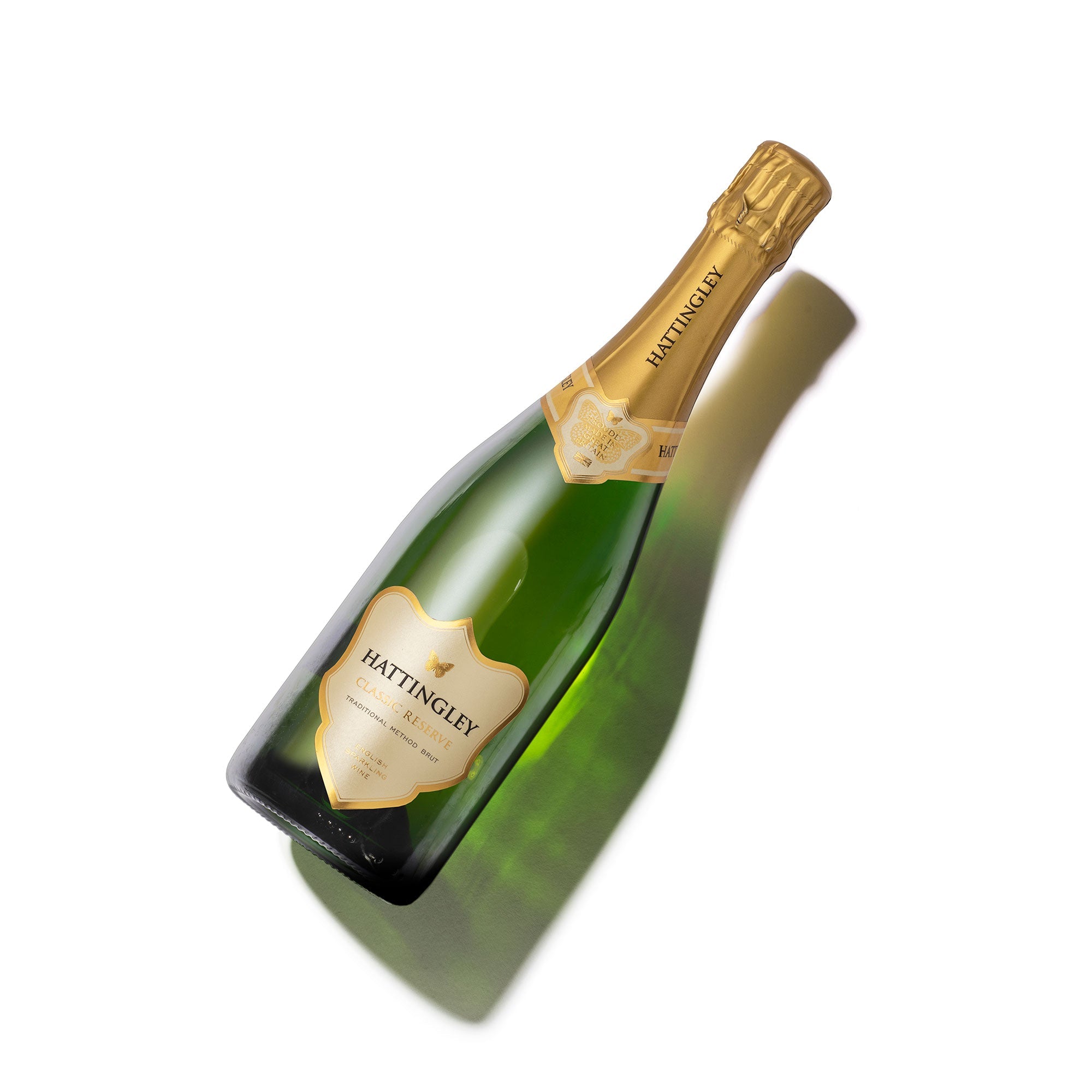 Hattingley Valley Classic Reserve NV, premium English sparkling wine, bottle shot diagonal