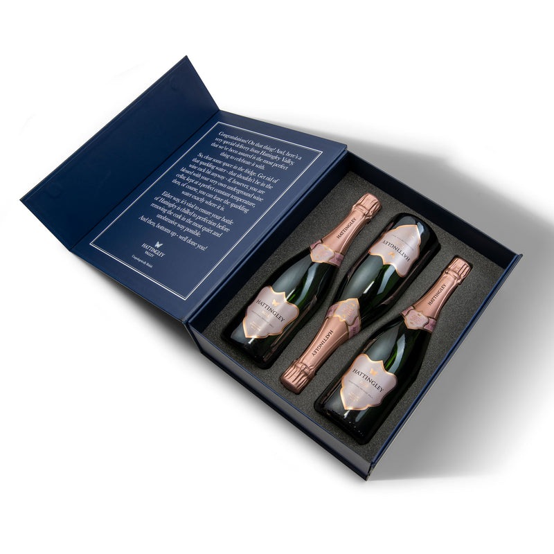 Hattingley Valley luxury gift set (open box), containing three bottles of Hattingley Valley Sparkling Rosé, premium English Sparkling Wine.