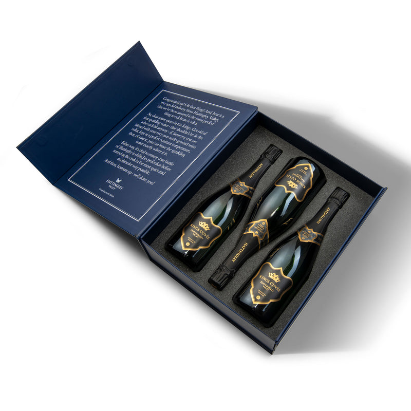 Hattingley Valley Luxury gift box set. Open box displaying three bottles of Hattingley Valley Sparkling Kings Cuvée, premium English Sparkling Wine.