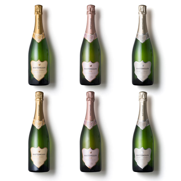 Hattingley Valley Sparkling Range Case, case of six, bottle images of our classic reserve, sparkling rosé and blanc de blancs on a white background