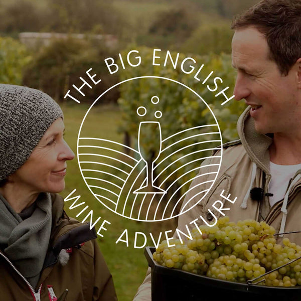Image of Susie and Peter harvesting grapes and smiling at one another, The Big English Wine adventure logo is central to the image